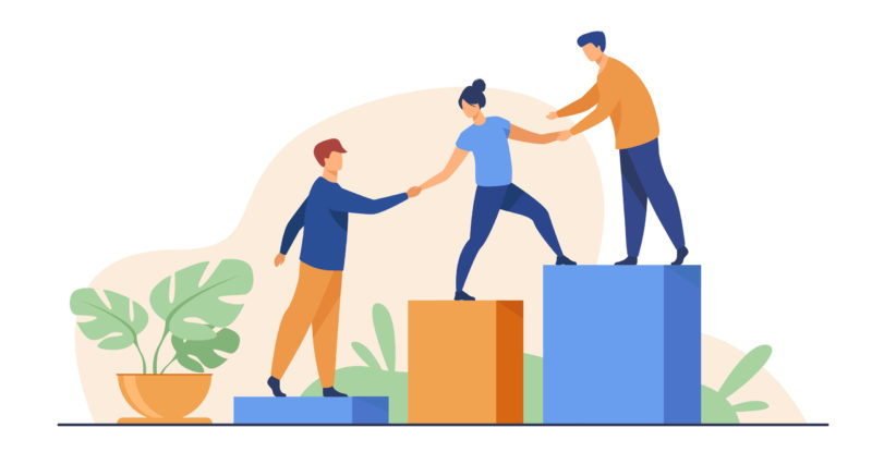 Employees giving hands and helping colleagues to walk upstairs. Team giving support, growing together. Vector illustration for teamwork, mentorship, cooperation concept